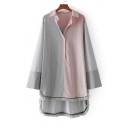 Women's High Low Hem Color Block Striped Long Sleeve Lapel Button Down Shirt