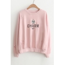 Fashion Ripped Out Simple Letter Pattern Round Neck Long Sleeve Sweatshirt