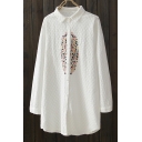 New Trendy Chic Embroidered Lapel Collar Long Sleeve Tunic Shirt
