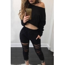 Hot Fashion Plain Off The Shoulder Cropped Top with Drawstring Waist Hollow Pants