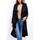 New Trendy Chic Waterfall Collar Long Sleeve Open Front Plain Trench Coat
