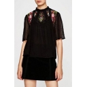 Round Neck Short Sleeve Chic Floral Embroidered Sexy Sheer Blouse