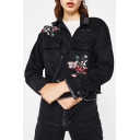 Lapel Collar Long Sleeve Chic Floral Embroidered Retro Denim Jacket