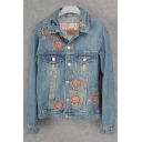 Vintage Rose Embroidered Lapel Collar Long Sleeve Buttons Down Denim Jacket