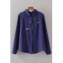 Retro Embroidered Lapel Collar Long Sleeve Loose Leisure Buttons Down Shirt