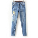 Fashion Embroidery Bird Ripped High Waist Skinny Jeans