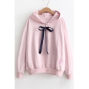 Chic Bow Tie Front Floral Embroidered Long Sleeve Casual Loose Hoodie