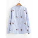 Stand-Up Collar Long Sleeve Embroidery Floral Pattern Striped Button Down Shirt