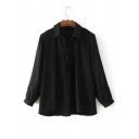 Lapel Collar Lace-Up Front Long Sleeve Simple Plain Lace Inserted Blouse
