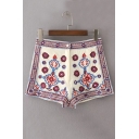 Tribal Embroidery Pattern High Waist Color Block Shorts with Pockets
