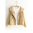 Hooded Zip Fly Embroidery Floral Pattern Long Sleeve Coat