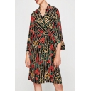 Chic Floral Striped Pattern Lapel Collar Long Sleeve Midi Wrap Shirt Dress