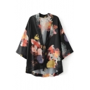 Chic Floral Printed 3/4 Sleeve Tied Waist Casual Loose Kimono Top