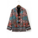 Chic Plaids Floral Pattern Long Sleeve Stand Up Collar Buttons Down Coat