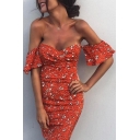 Hot Fashion Floral Printed Sexy Off The Shoulder Short Sleeve Mini Bodycon Dress