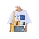 Casual Leisure Cartoon Patched Hollow Out Round Neck Half Sleeve T-Shirt
