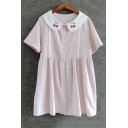 Cherry Embroidered Collar Short Sleeve Buttons Down Mini Smock Dress