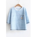 Cute Embroidery Sun Graphic Pocket 3/4 Length Sleeve Round Neck Tee