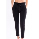 New Trendy Simple Plain Tied Waist Casual Leisure Tapered Pants with Pockets