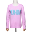 Basic Simple Letter Pattern Long Sleeve Round Neck Fitted Pullover Sweater
