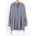 Long Sleeve V Neck Tied Up Side Classic Plaids Pattern Buttons Down Shirt