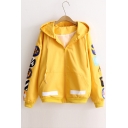 Fashion Patched Casual Loose Hooded Long Sleeve Zip Up Coat
