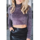 Hot Fashion High Neck Long Sleeve Sexy Cropped Plain Fur Sweater