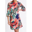 Summer's Floral Printed Flared Sleeve Square Neck Midi Shift Dress