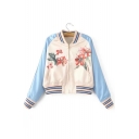 Floral Printed Contrast Raglan Long Sleeve Color Block Cropped Baseball Jacket
