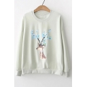 Lovely Deer Floral Printed Long Sleeve Round Neck Pullover Sweatshirt