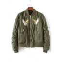 Fashion Eagle Embroidered Stand-Up Collar Long Sleeve Zip Up Baseball Jacket