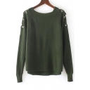 New Arrival Lace-Up Shoulder Long Sleeve Round Neck Plain Pullover Sweater