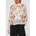 Women's Color Block Floral Pentacle Printed Bow Detail Ruffle Blouse