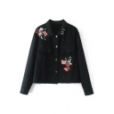 Embroidery Floral Pattern Lapel Single Breasted Black Denim Jacket