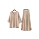 Plain Knitted Co-Ords V-Neck Long Sleeve Top with One Wide Leg Pants