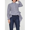 Lapel Collar Long Sleeve Striped Pattern Fashion Swallow-Tailed Shirt