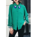 Chic Floral Embroidered Lapel Collar Long Sleeve Buttons Down Shirt