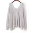 Grommet Lace-Up Back V Neck Long Sleeve Simple Plain Loose Sweater