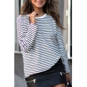 Casual Black & White Striped Long Sleeve Round Neck Pullover Sweatshirt