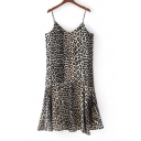 Sexy Leopard Pattern Color Block Sleeveless Spaghetti Straps Ruffle Hem Midi Cami Dress