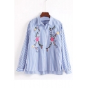 Chic Floral Embroidered Striped Pattern Lapel Collar Long Sleeve Shirt