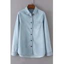 Chic Lapel Long Sleeve Single Breasted Plain Denim Shirt with One Pocket