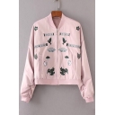 Fashion Floral Letter Embroidered Long Sleeve Zip Up Baseball Jacket