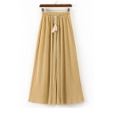New Fashion Elastic Tassel Drawstring Waist Plain Loose Wide Legs Culottes Pants