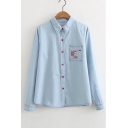 New Fashion Letter Embroidered Pocket Lapel Collar Long Sleeve Buttons Down Chambray Shirt