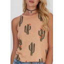 Summer's Fashion Cactus Pattern Sleeveless Round Neck Loose Tank Tee