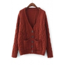 Fashion Cable Knit Long Sleeve Buttons Down Casual Cardigan with Double Pockets