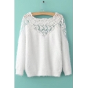 Chic Lace Inserted Hollow Out Boat Neck Long Sleeve Simple Plain Pullover Sweater
