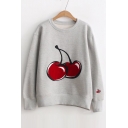 Embroidery Cheery Pattern Long Sleeve Round Neck Pullover Sweatshirt