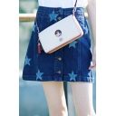 Fashion Pentacle Printed Single Breasted Mini Denim A-Line Skirt